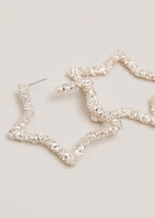 Silver Textured Large Star Hoop Earrings Silver