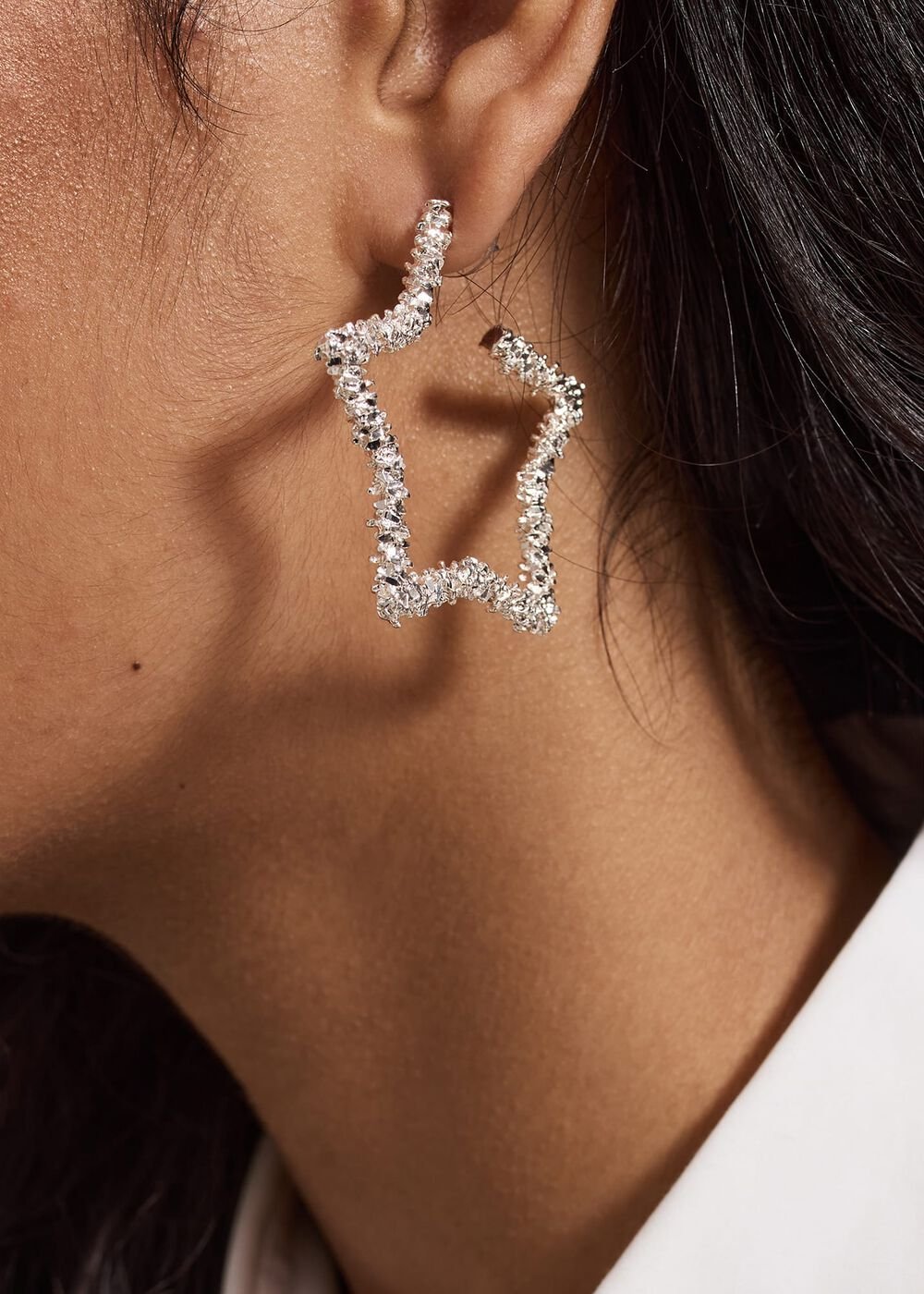 Silver Textured Large Star Hoop Earrings Silver