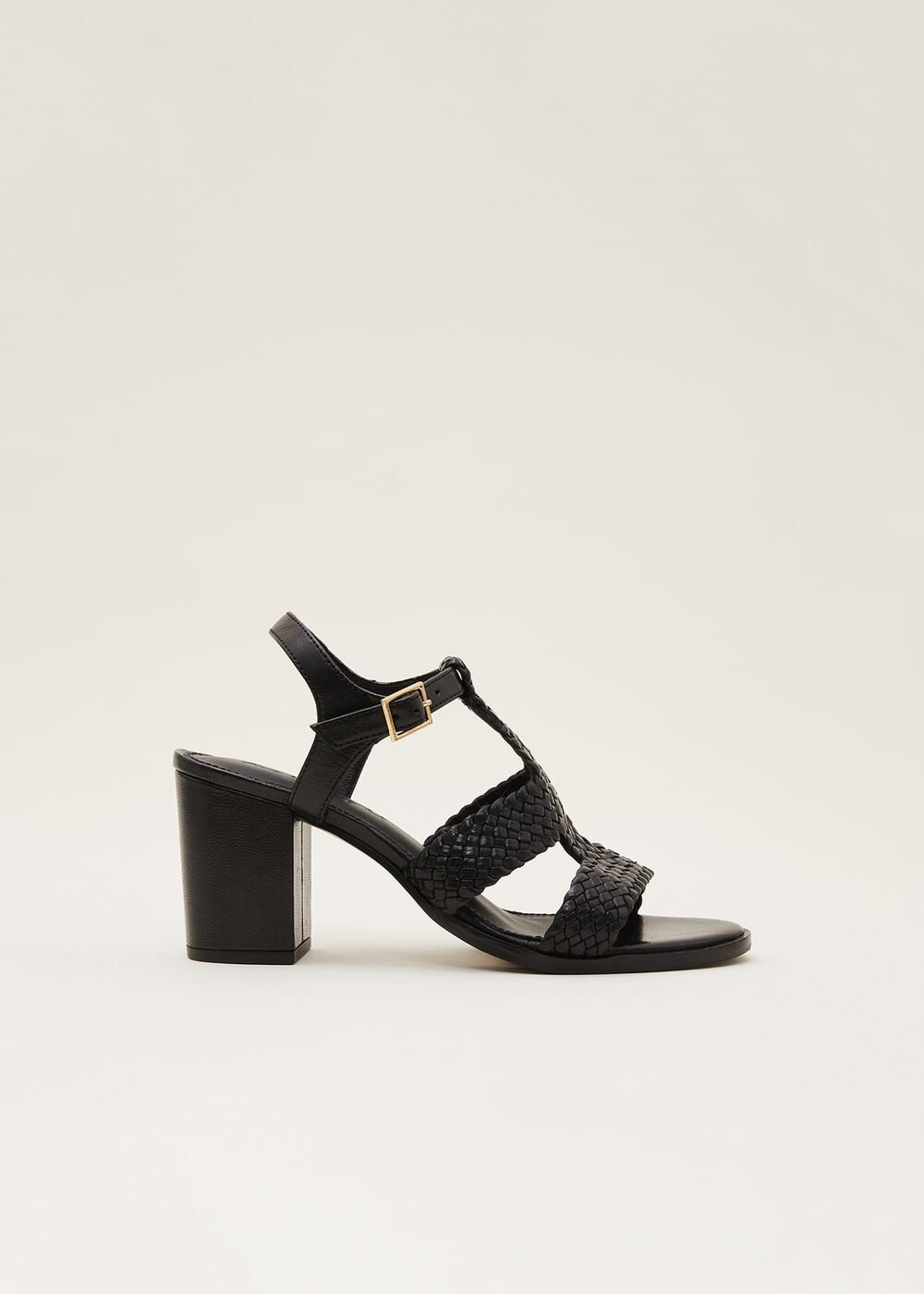 Plaited T Bar Heeled Sandal Shoe Black