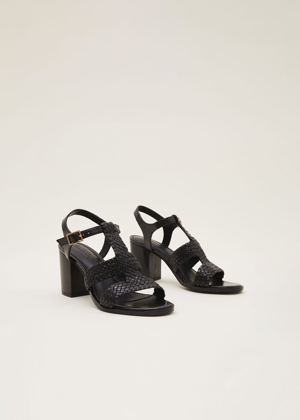 Plaited T Bar Heeled Sandal Shoe Black