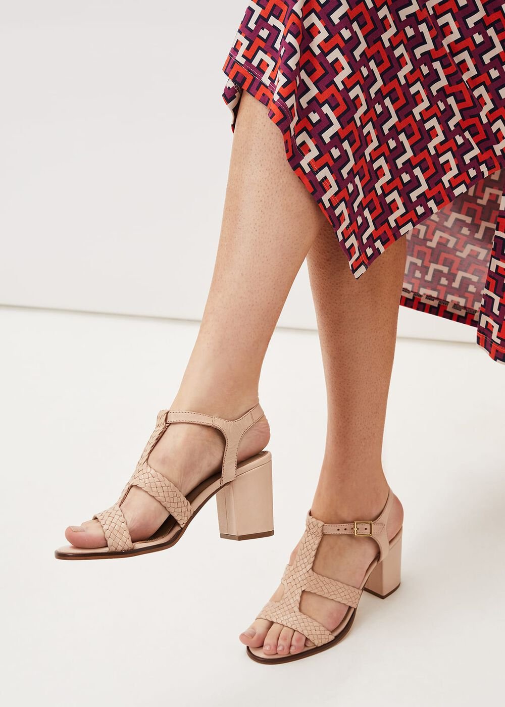 Plaited T Bar Heeled Sandal Shoe Tan