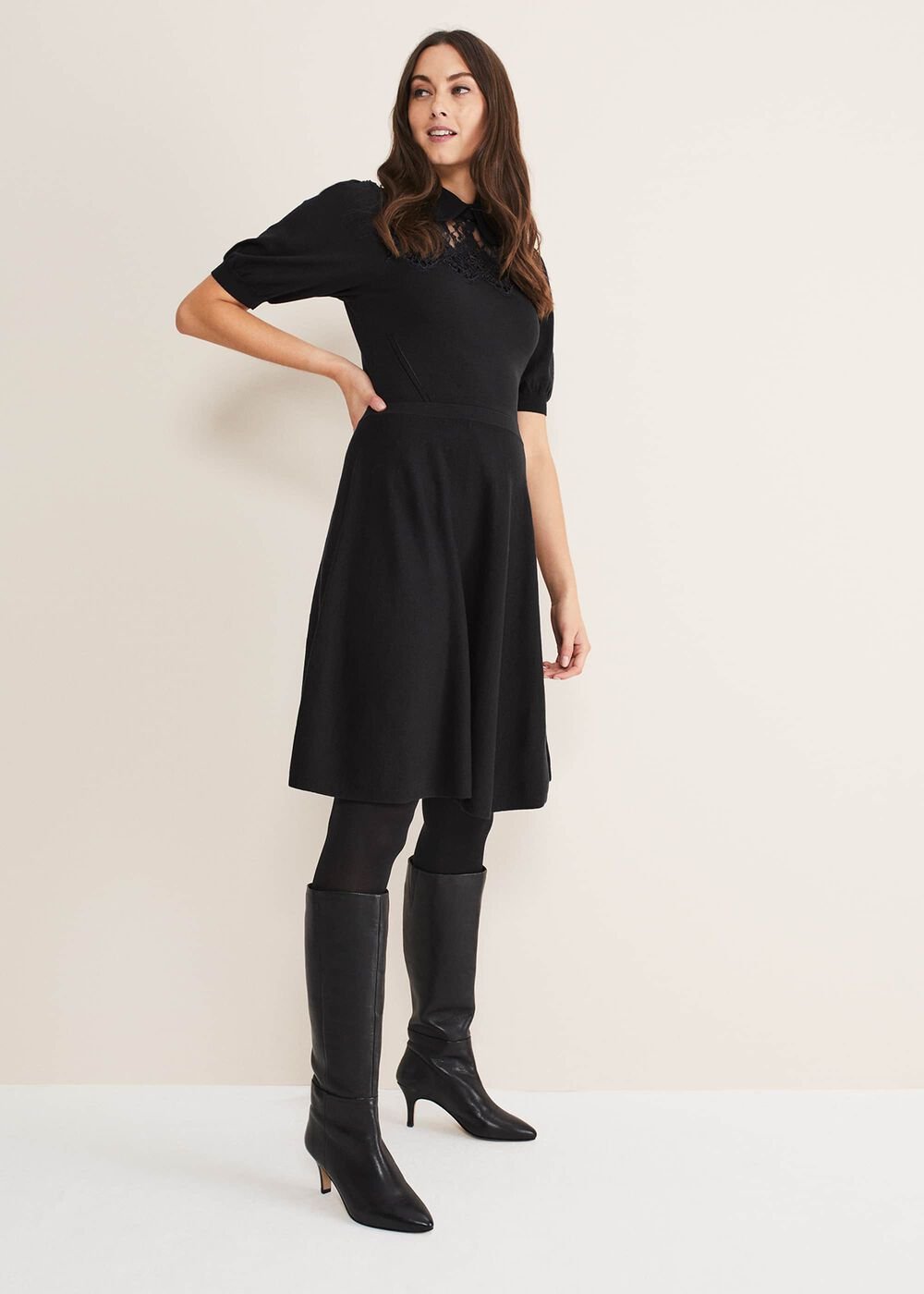 Leather Panelled Knee High Boot Black