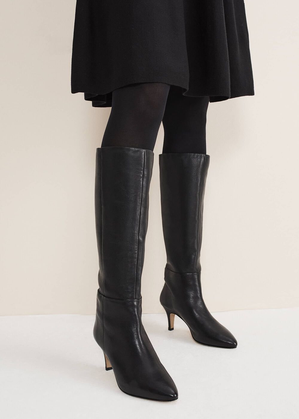 Leather Panelled Knee High Boot Black