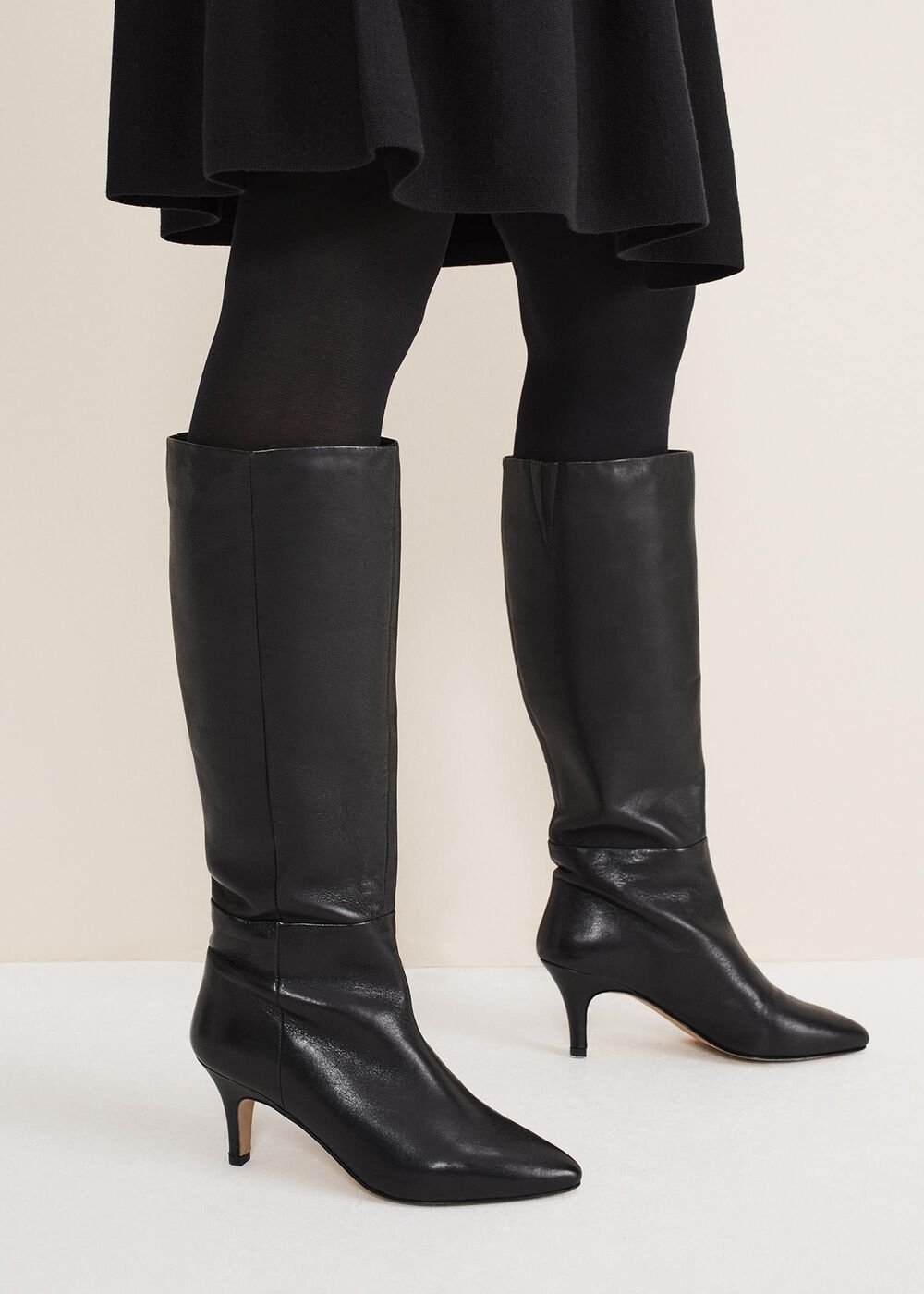 Leather Panelled Knee High Boot Black