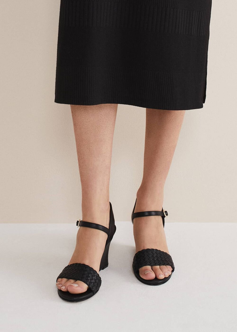 Leather Plait Strap Shoes Black