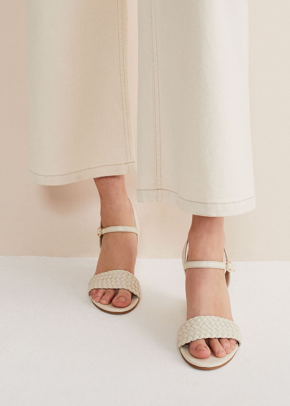 Leather Plait Strap Shoes Ivory