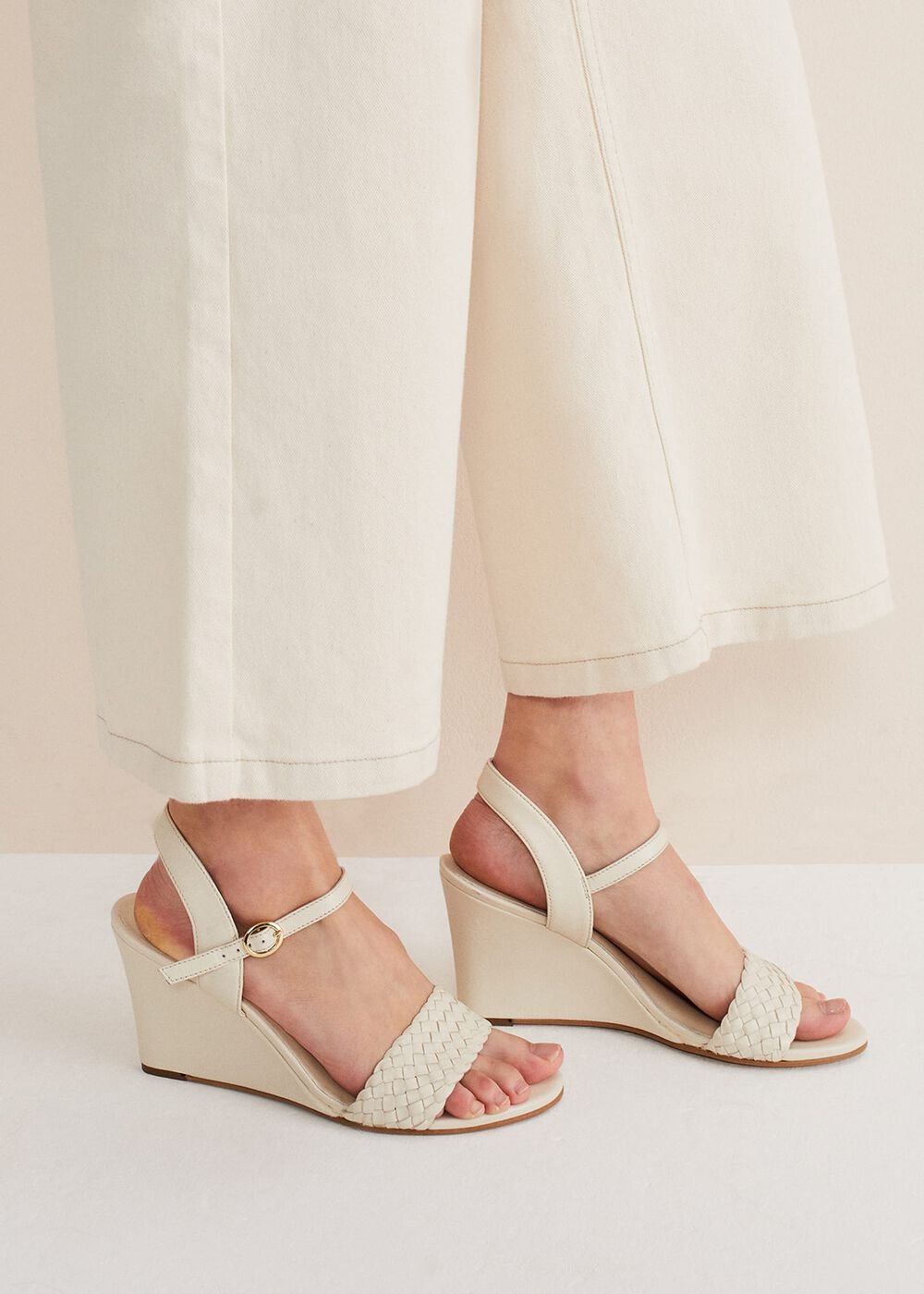 Leather Plait Strap Shoes Ivory