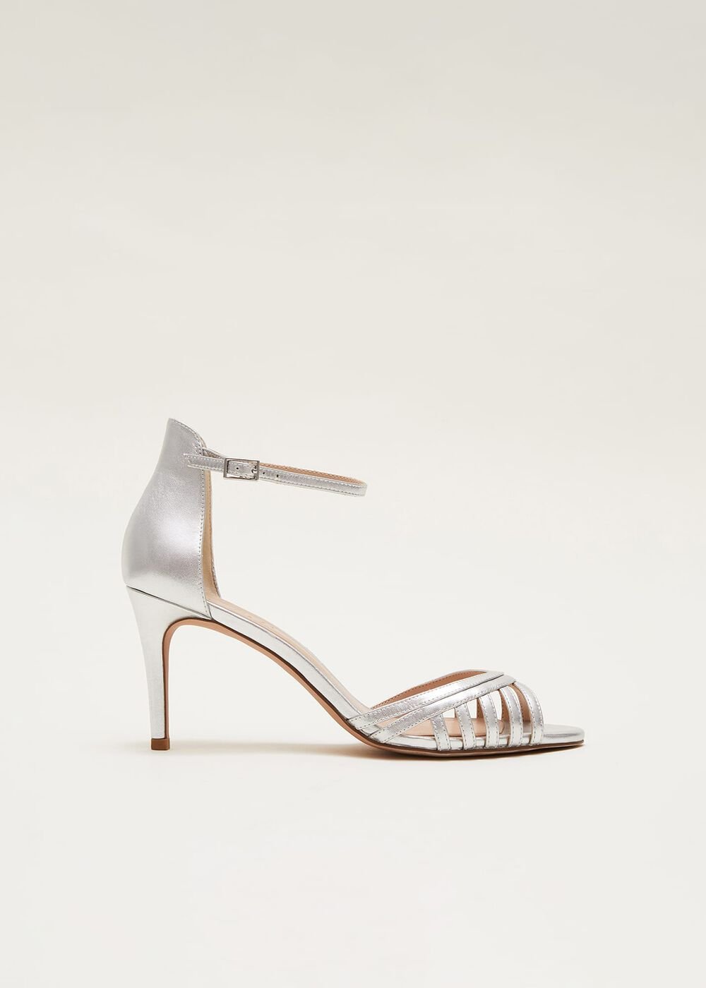 Silver Leather Open Toe Heels Silver