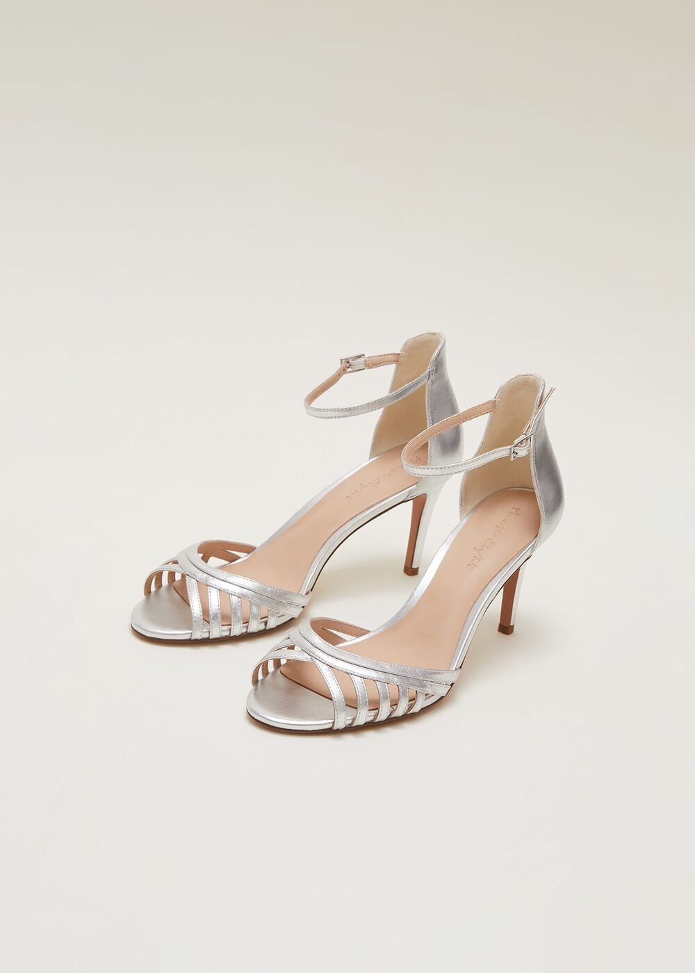 Silver Leather Open Toe Heels Silver