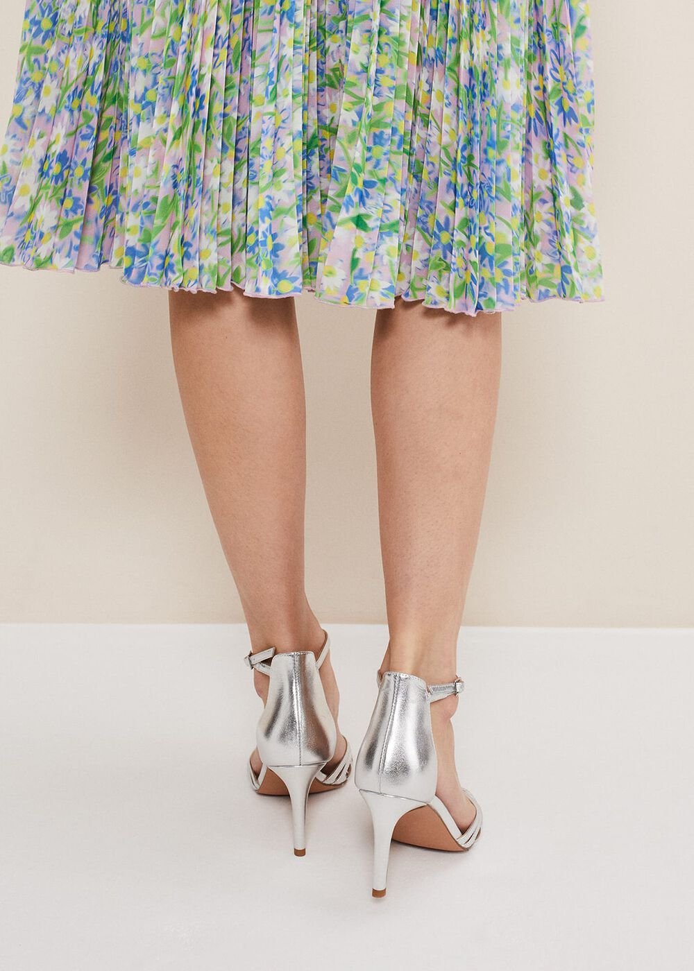 Silver Leather Open Toe Heels Silver