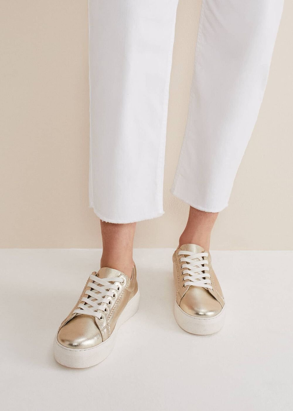 Leather Platform Trainers Gold