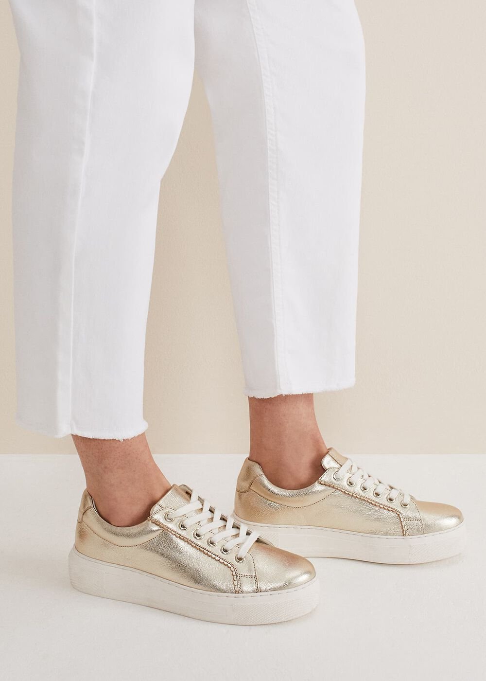 Leather Platform Trainers Gold