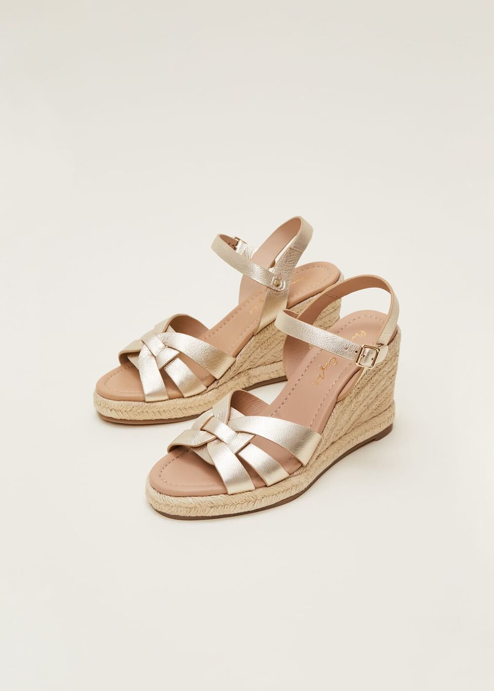 Leather Multi Strap Wedge Espadrille Gold