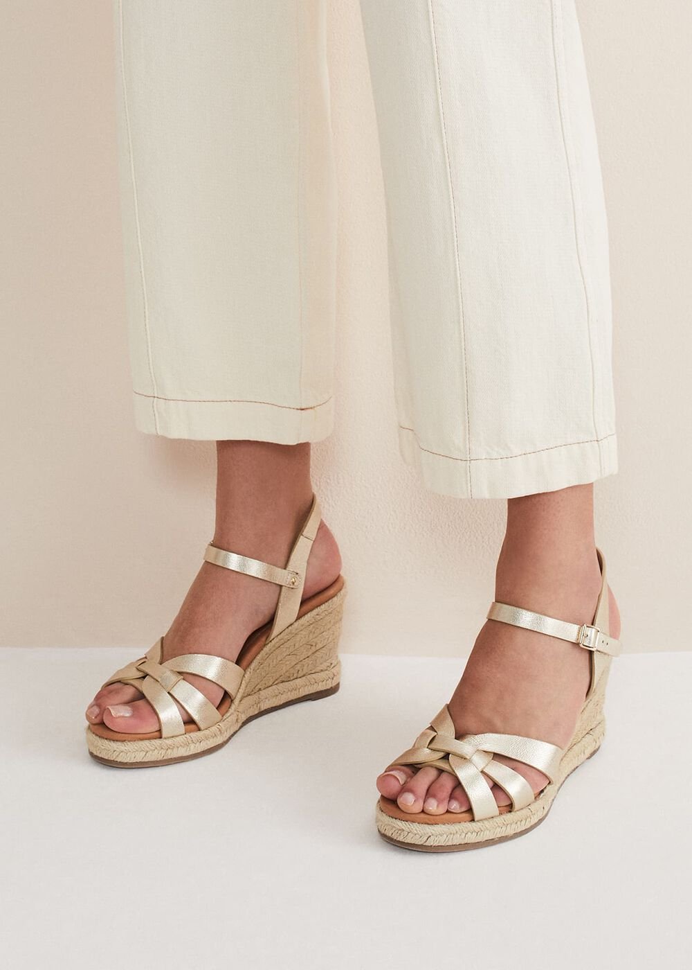 Leather Multi Strap Wedge Espadrille Gold