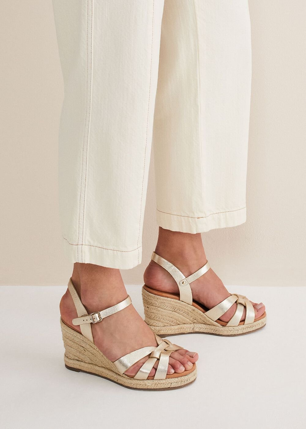 Leather Multi Strap Wedge Espadrille Gold