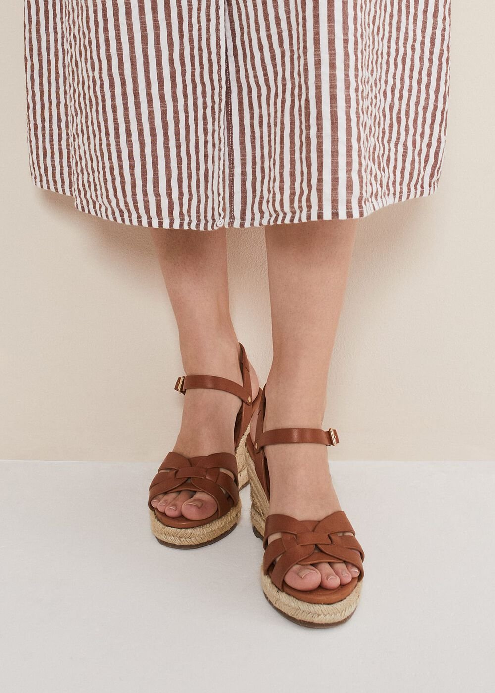 Leather Multi Strap Wedge Espadrille Tan