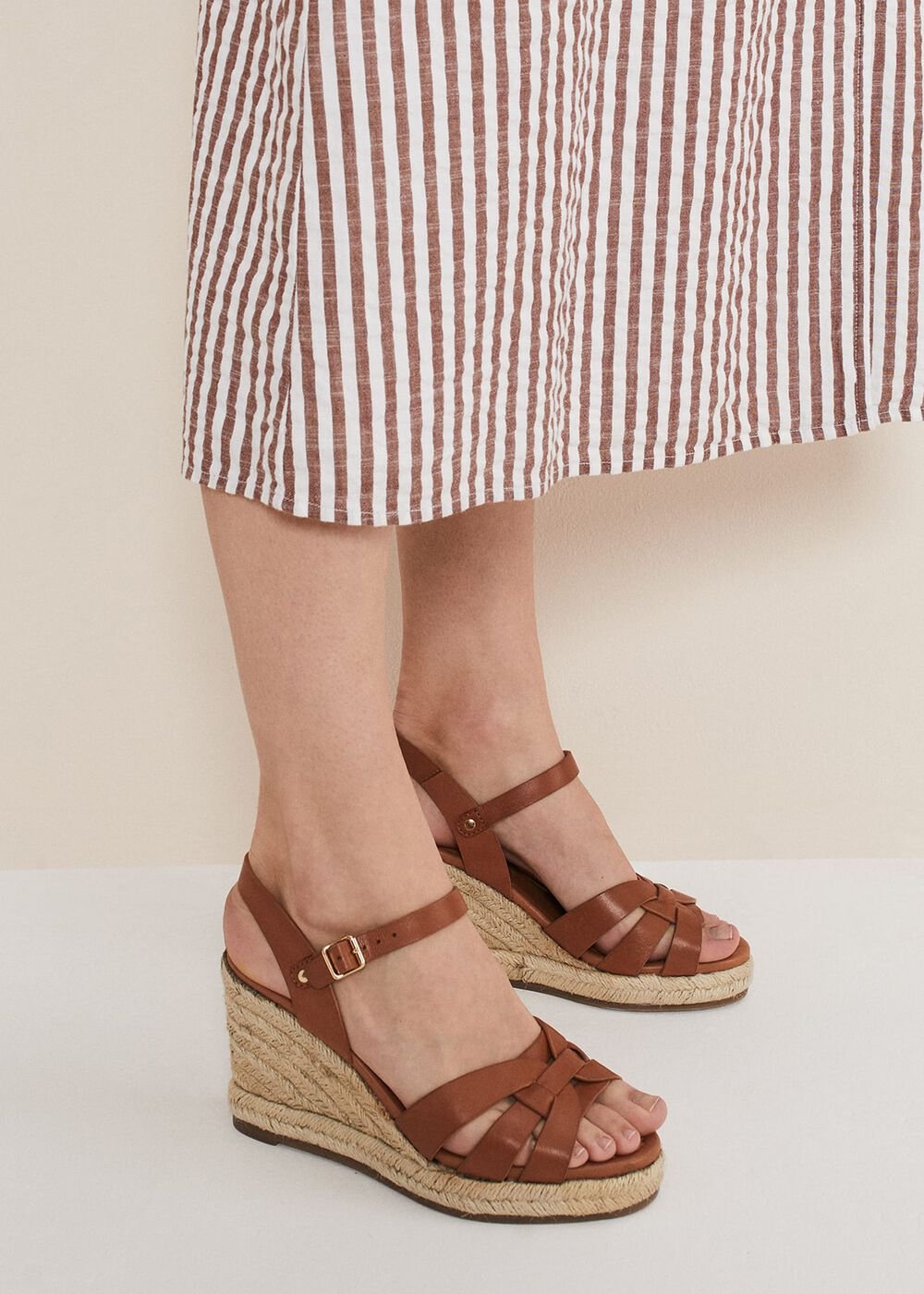 Leather Multi Strap Wedge Espadrille Tan