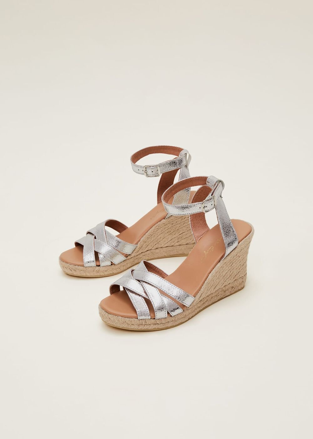 Leather Strappy Espadrilles Silver