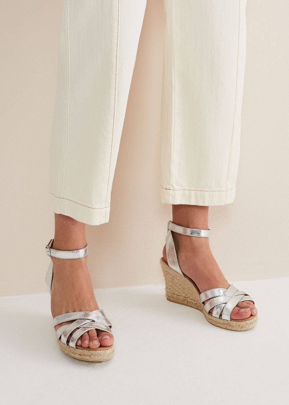 Leather Strappy Espadrilles Silver