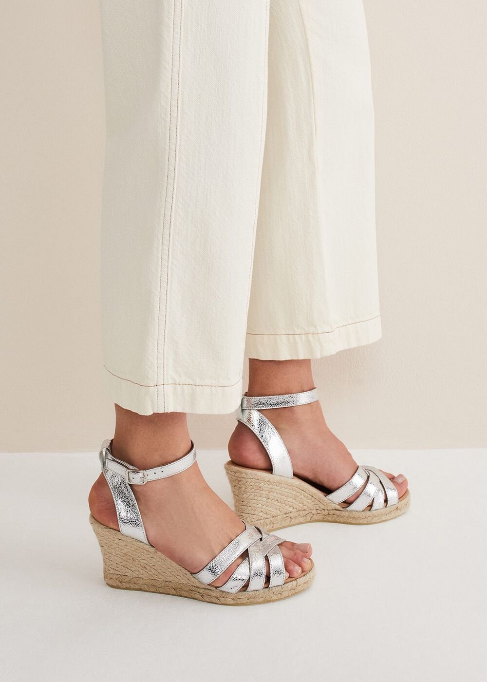 Leather Strappy Espadrilles Silver