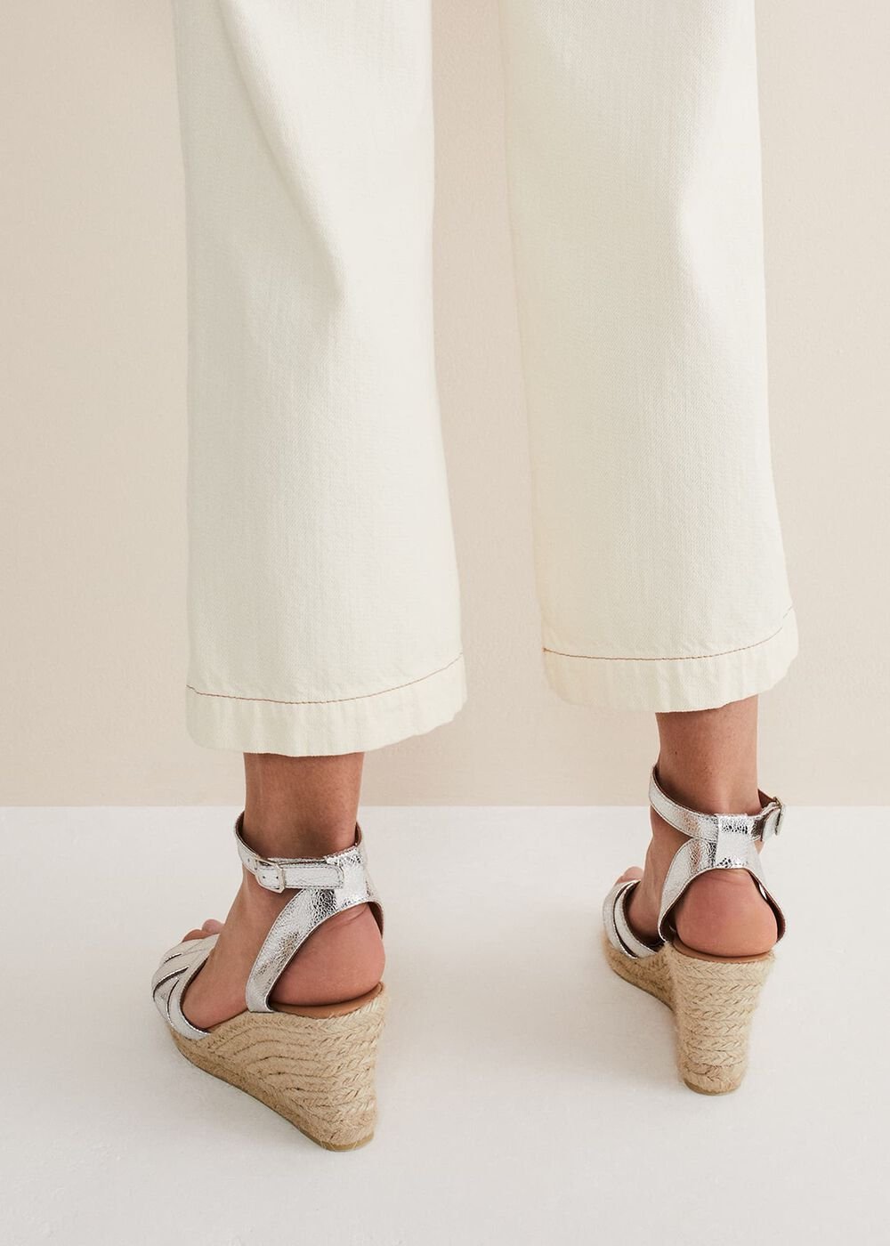 Leather Strappy Espadrilles Silver