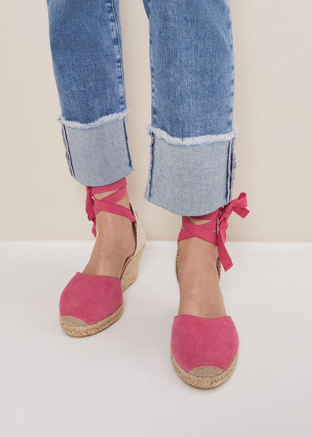 Suede Ankle Tie Espadrille Shoe Bright Pink