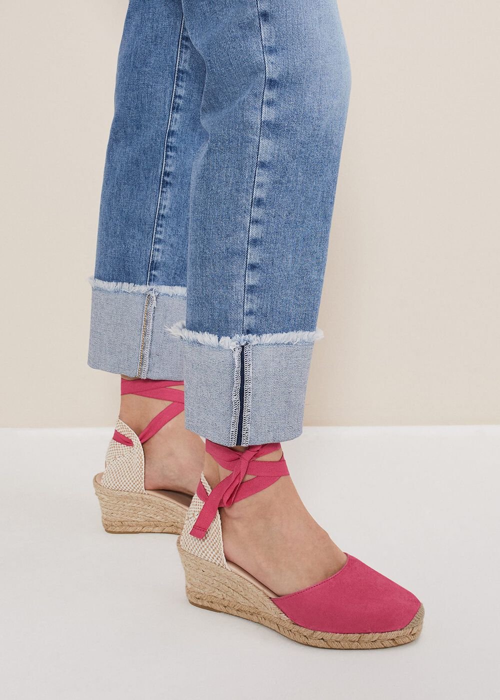 Suede Ankle Tie Espadrille Shoe Bright Pink