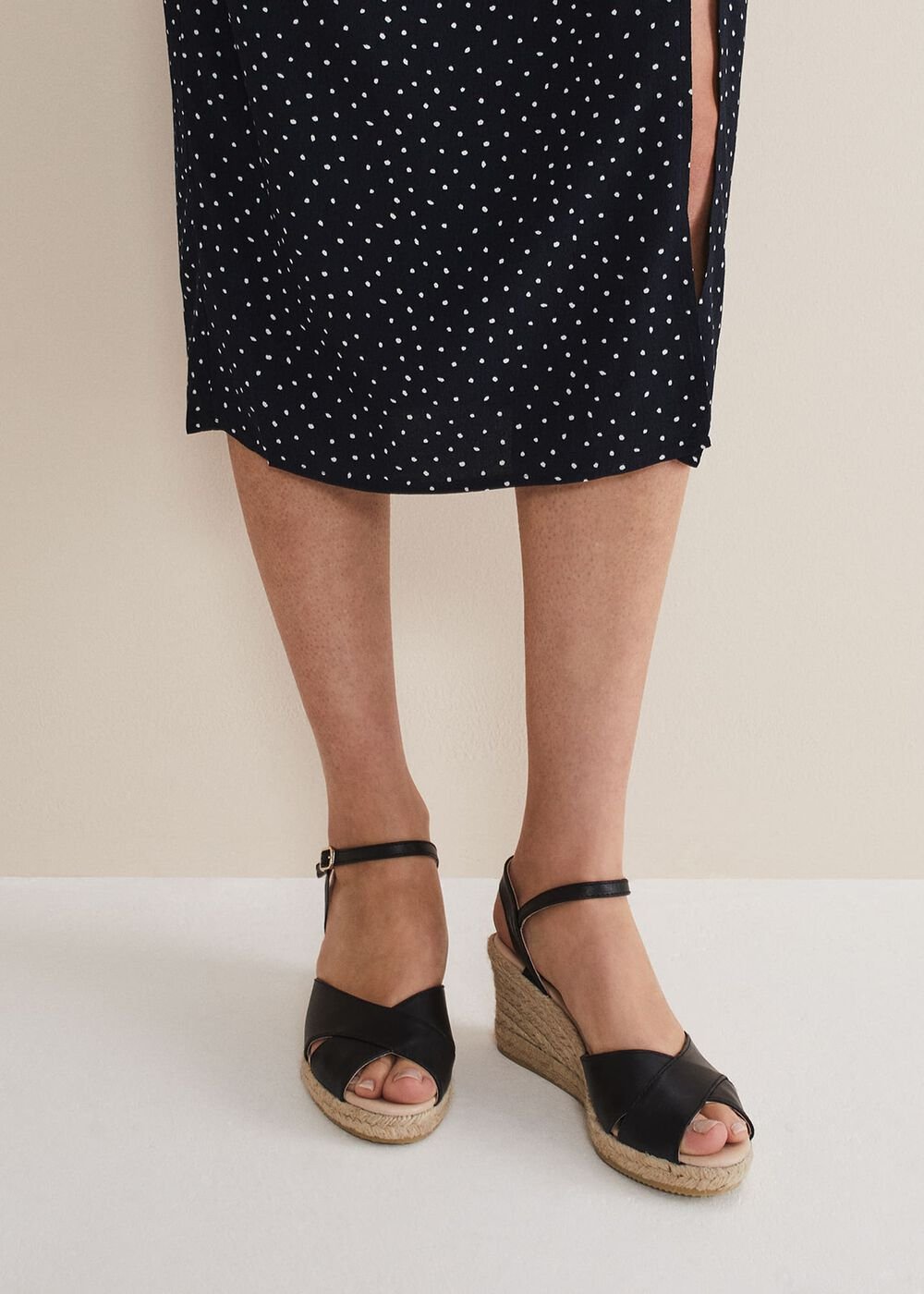 Leather Cross Front Espadrilles Black