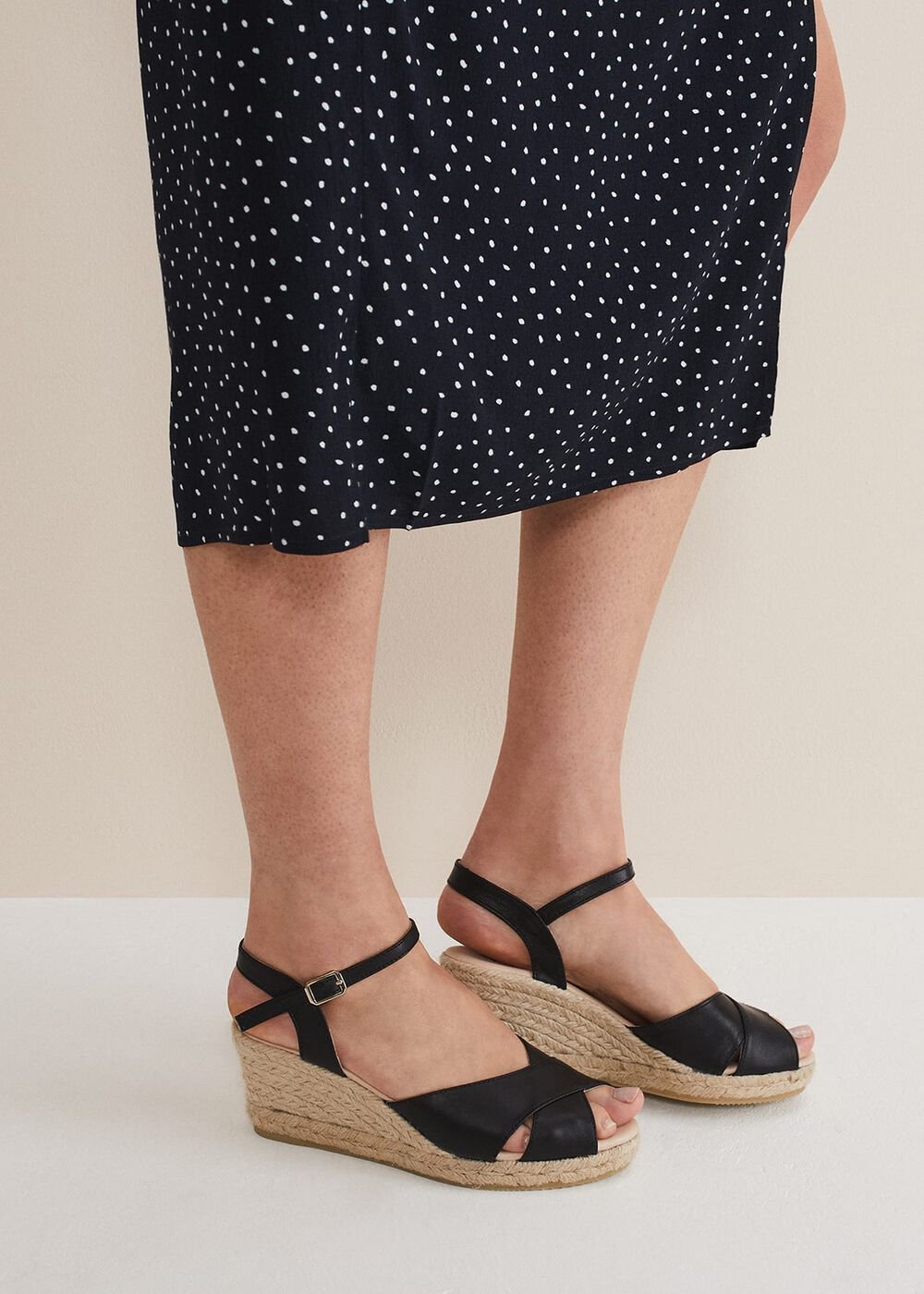 Leather Cross Front Espadrilles Black
