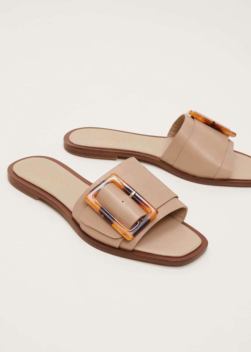 Leather Buckle Flat Sandals Neutral