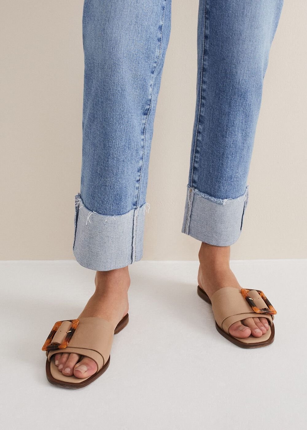 Leather Buckle Flat Sandals Neutral