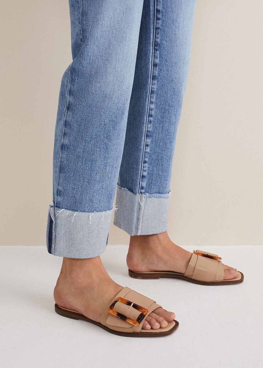 Leather Buckle Flat Sandals Neutral