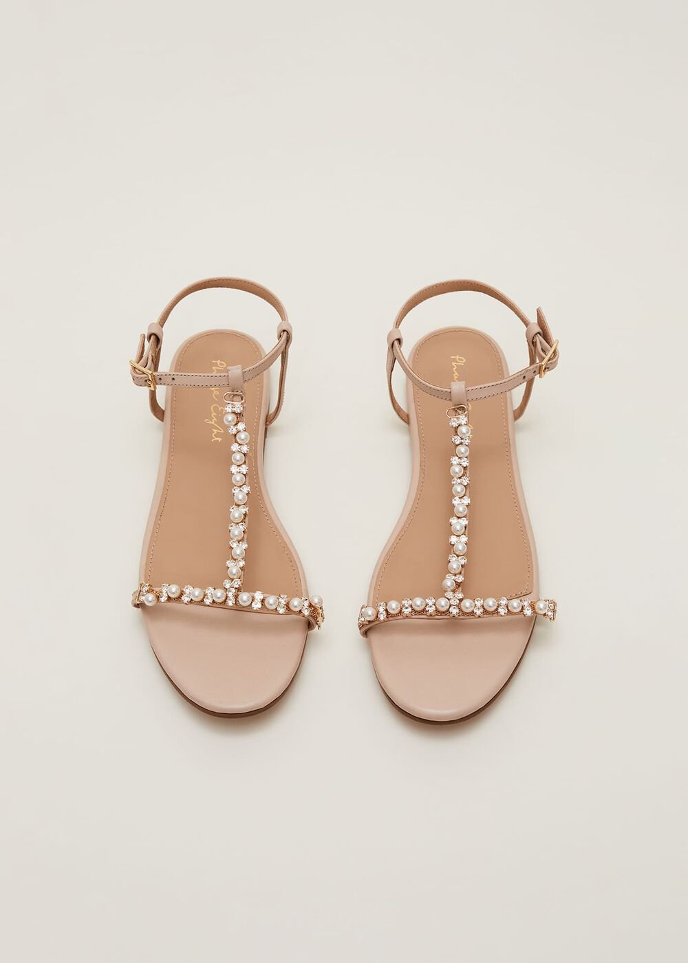 Leather Jewel Trim Flat Sandal Neutral