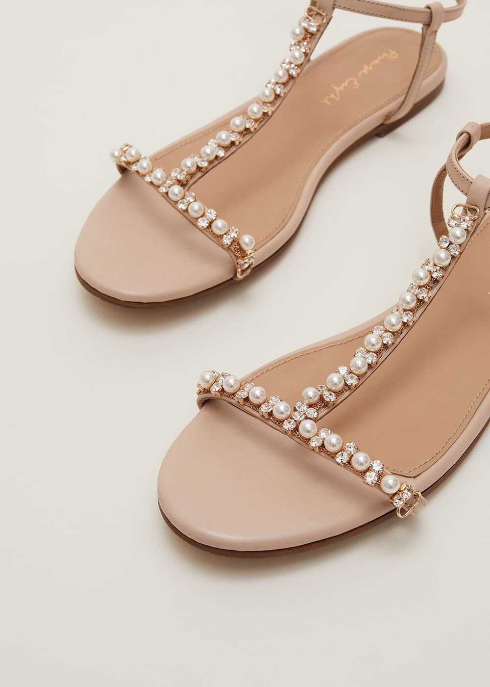 Leather Jewel Trim Flat Sandal Neutral