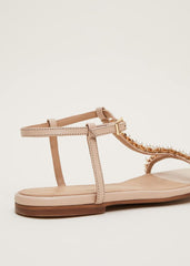 Leather Jewel Trim Flat Sandal Neutral