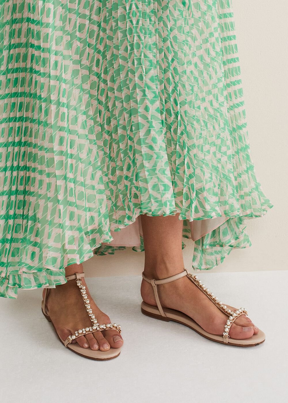 Leather Jewel Trim Flat Sandal Neutral
