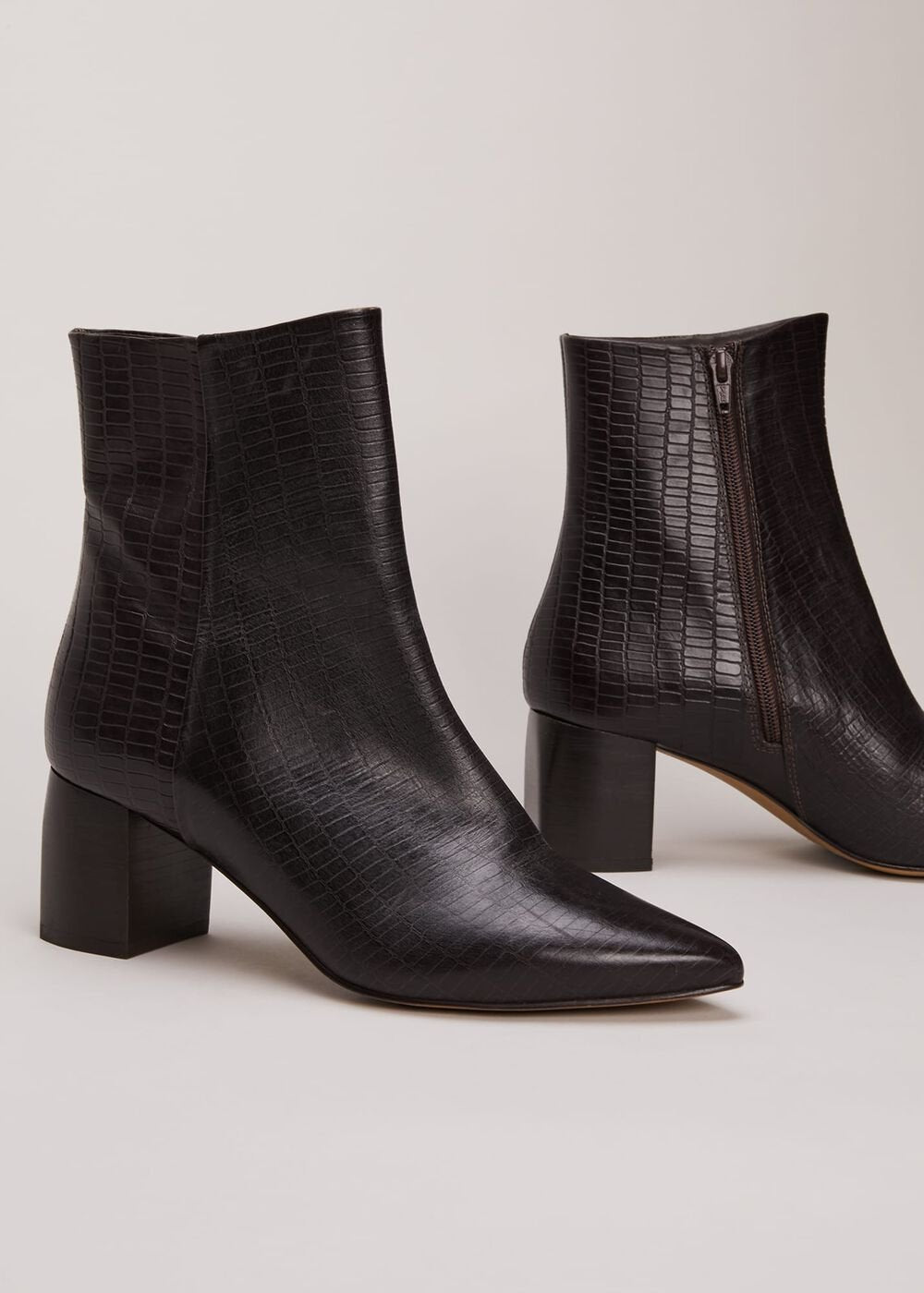 Black Leather Croc Print Ankle Boots Brown