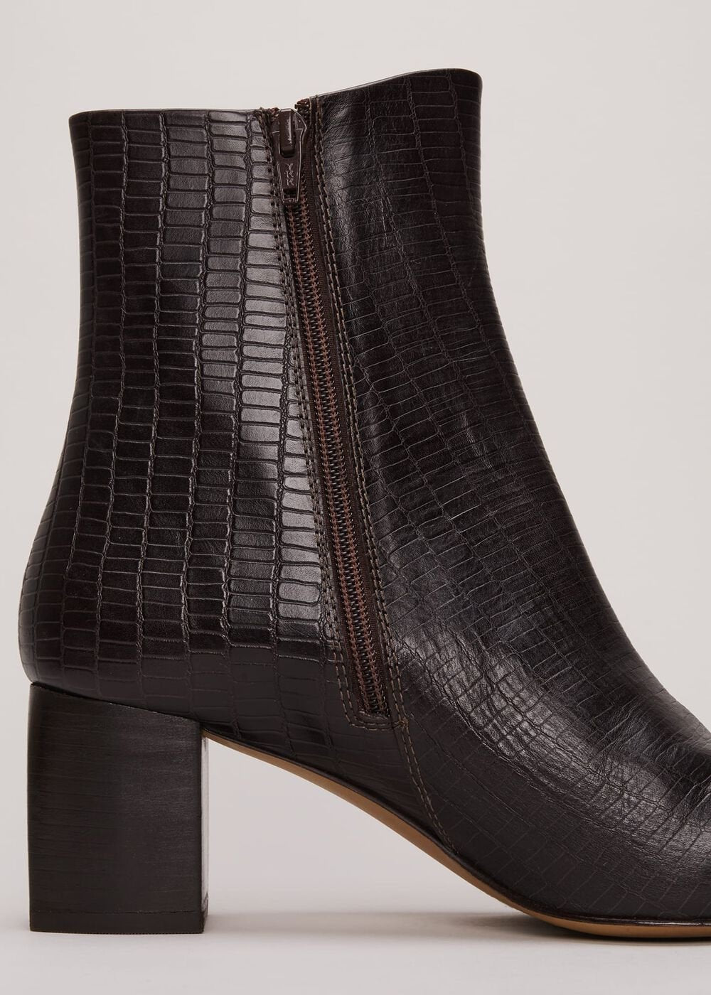 Black Leather Croc Print Ankle Boots Brown