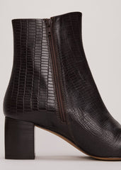 Black Leather Croc Print Ankle Boots Brown