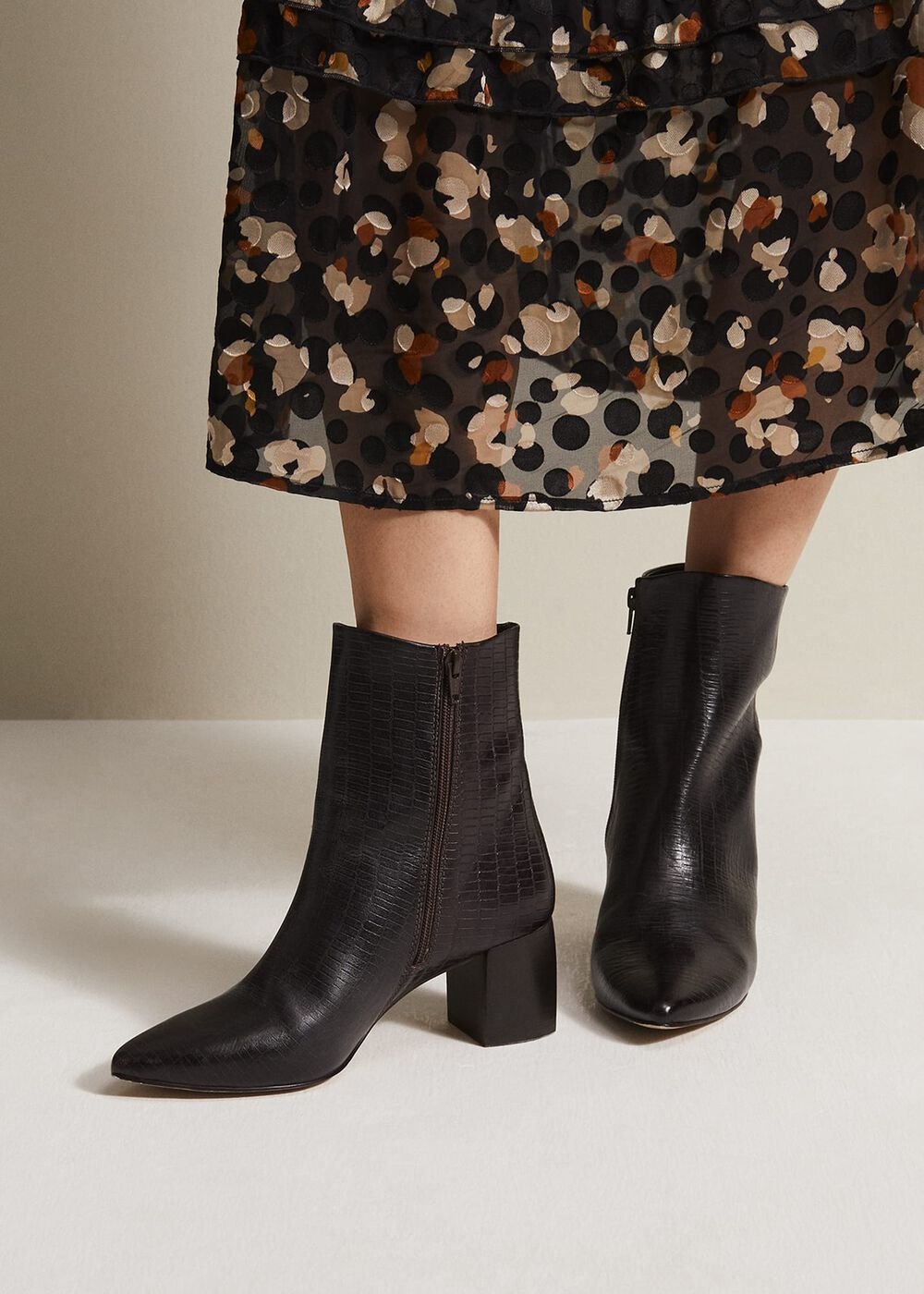 Black Leather Croc Print Ankle Boots Brown