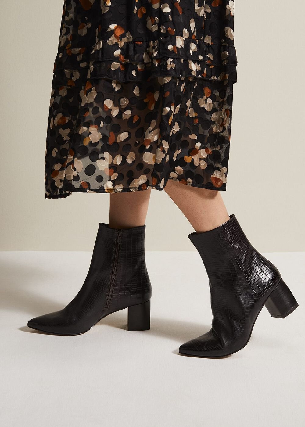 Black Leather Croc Print Ankle Boots Brown