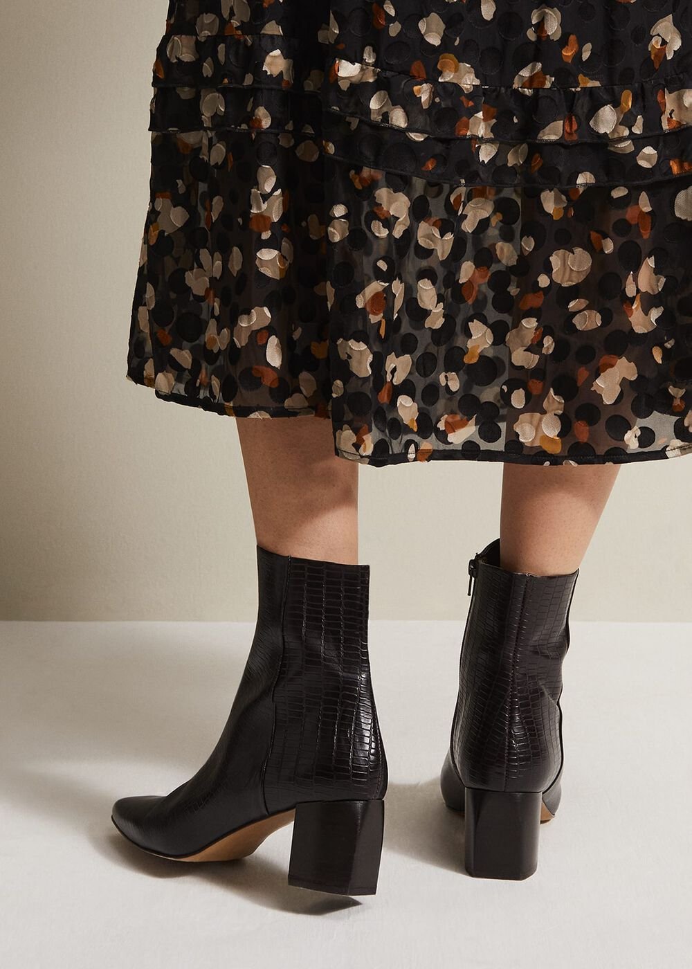 Black Leather Croc Print Ankle Boots Brown
