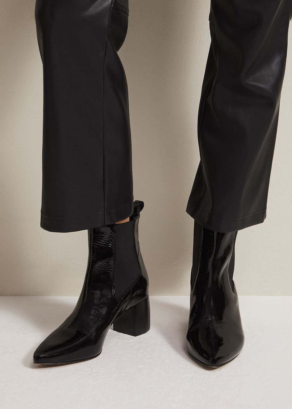 Black Leather Patent Ankle Boots Black