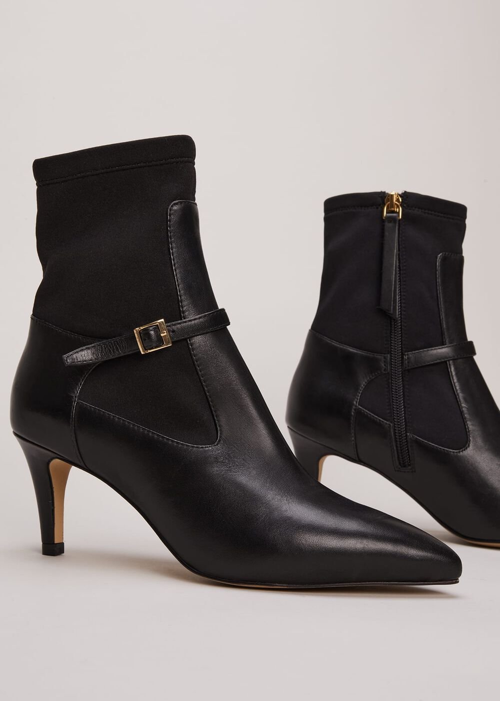 Leather Buckle Detail Sock Boots Black