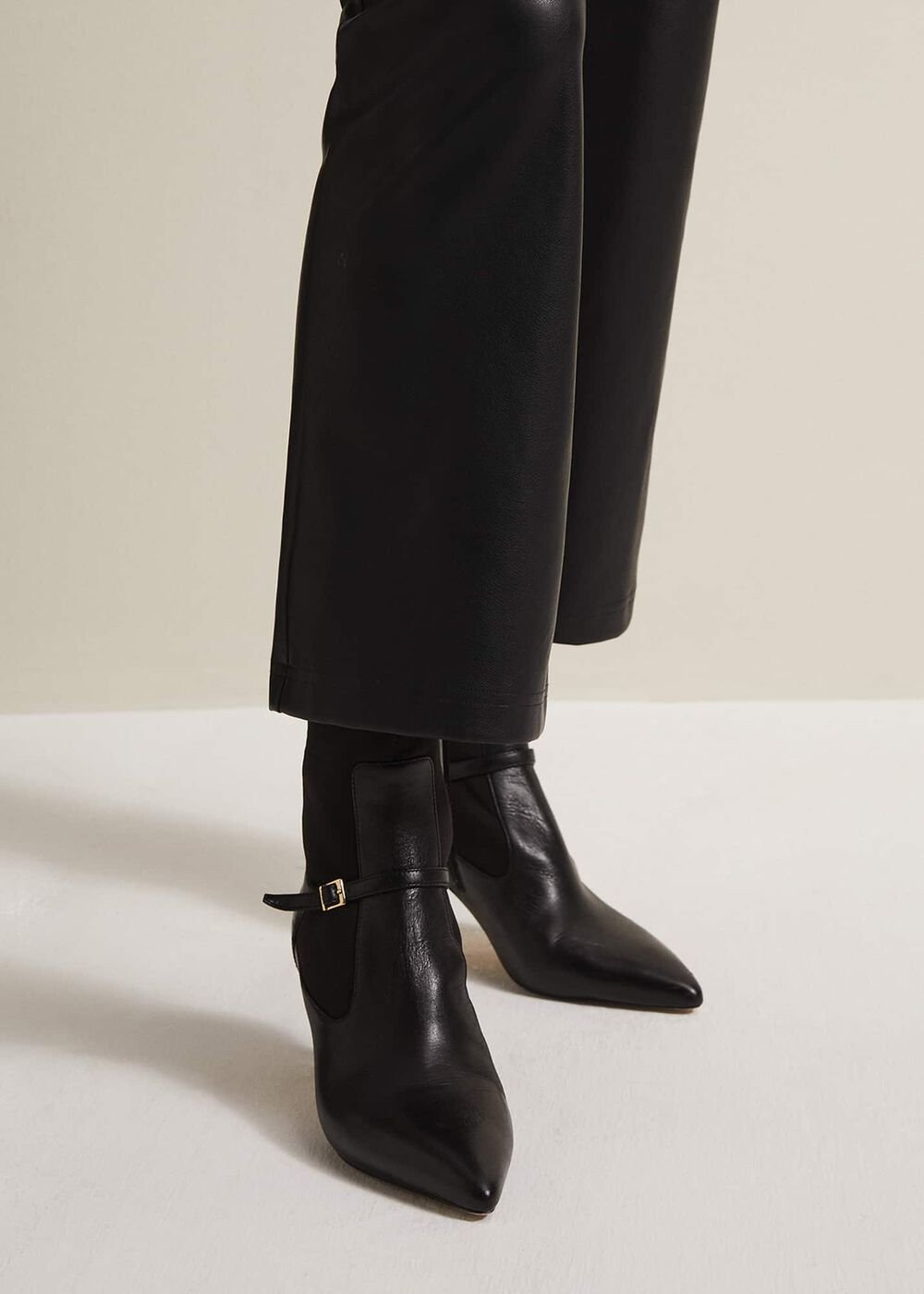 Leather Buckle Detail Sock Boots Black
