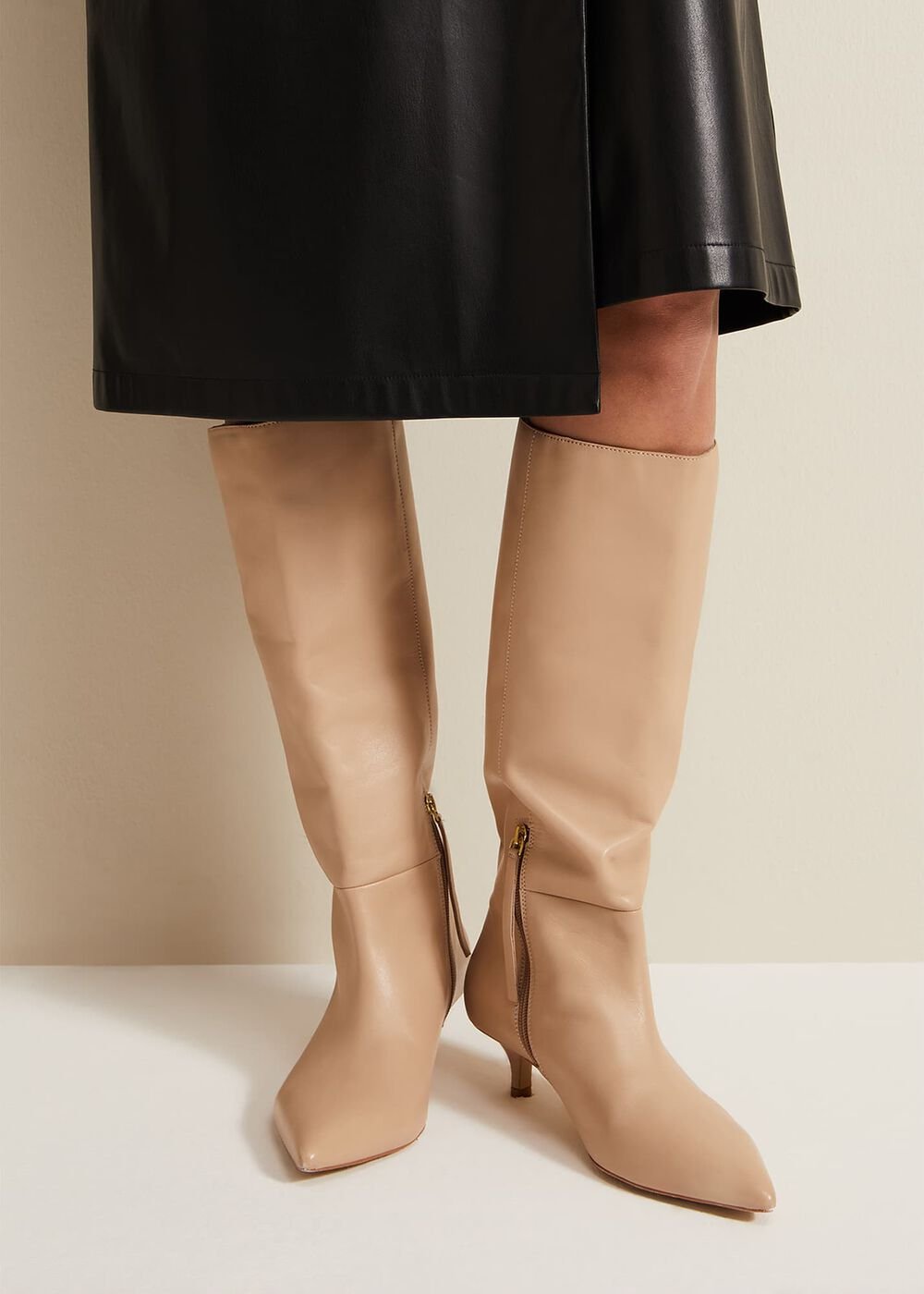Knee High Kitten Heel Boot Cream