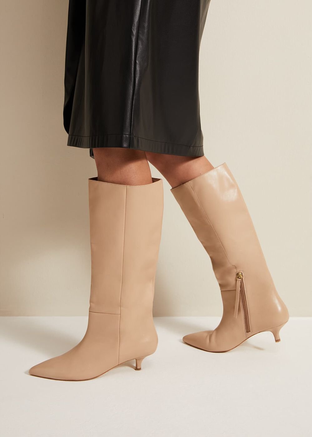 Knee High Kitten Heel Boot Cream