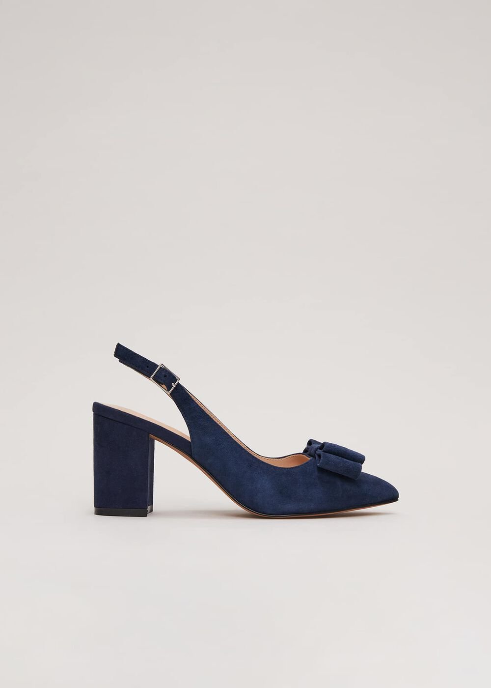 Bow Front Slingback Block Heel Shoes Navy