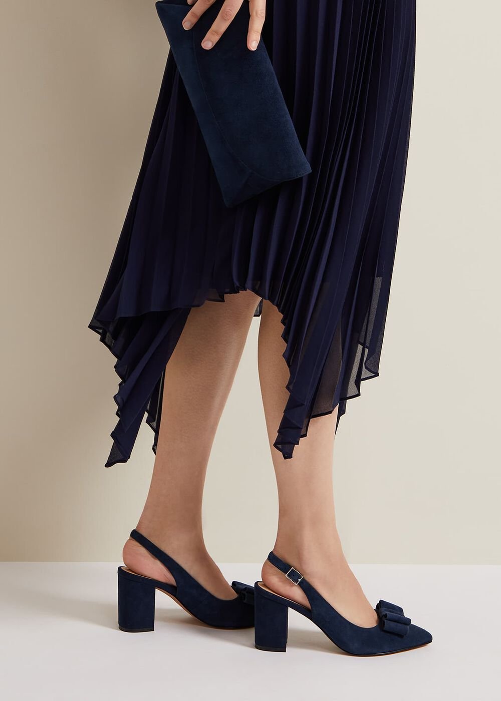 Bow Front Slingback Block Heel Shoes Navy