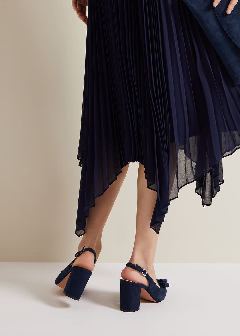Bow Front Slingback Block Heel Shoes Navy